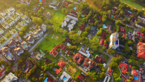 Aerial view of residential neighborhood. Urban housing development from above. Top view. Real estate in Kuala Lumpur City, Malaysia
